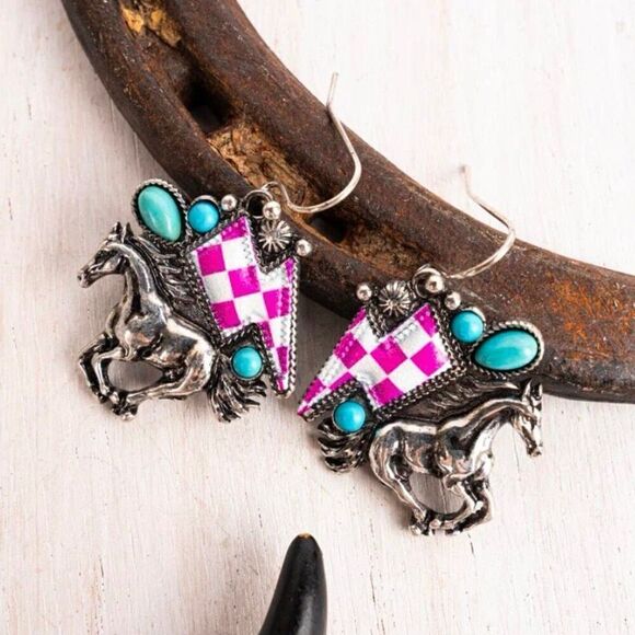 Pink Checkerboard Turquoise Horse Womens Western Casual Silver Dangle Earring - Picture 1 of 1